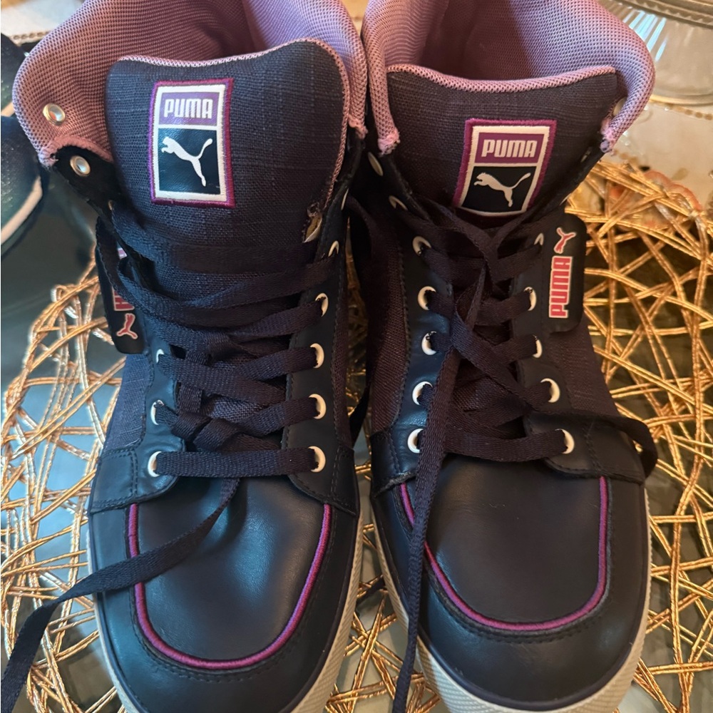 Puma Black and Pink High-Top Sneakers with Lace-Up Design